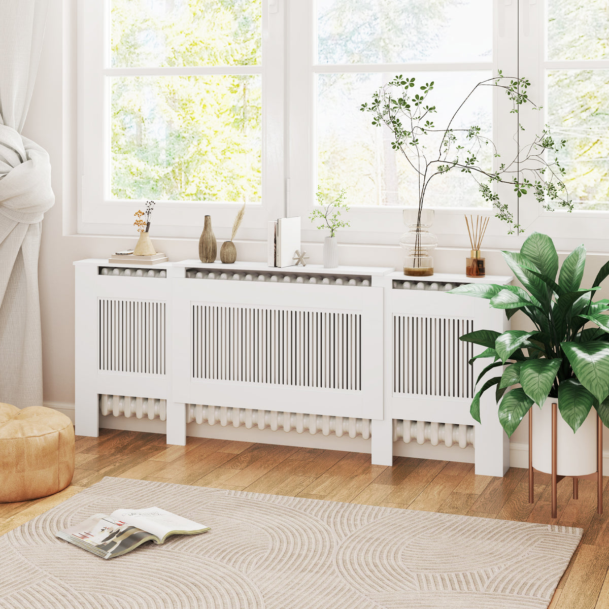 Heizk?rperverkleidung, Lamellendesign, verstellbare L?nge 125-201 cm, MDF, Wei?