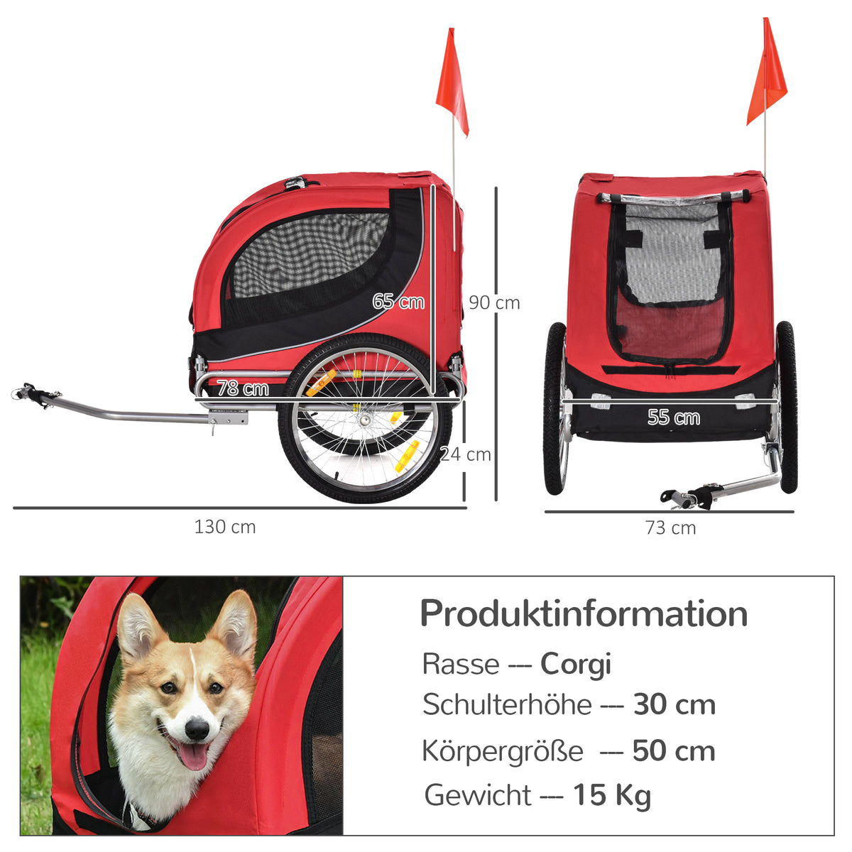 Fahrradanhänger für Hunde mit Universalkupplung Stahl Rot+Schwarz