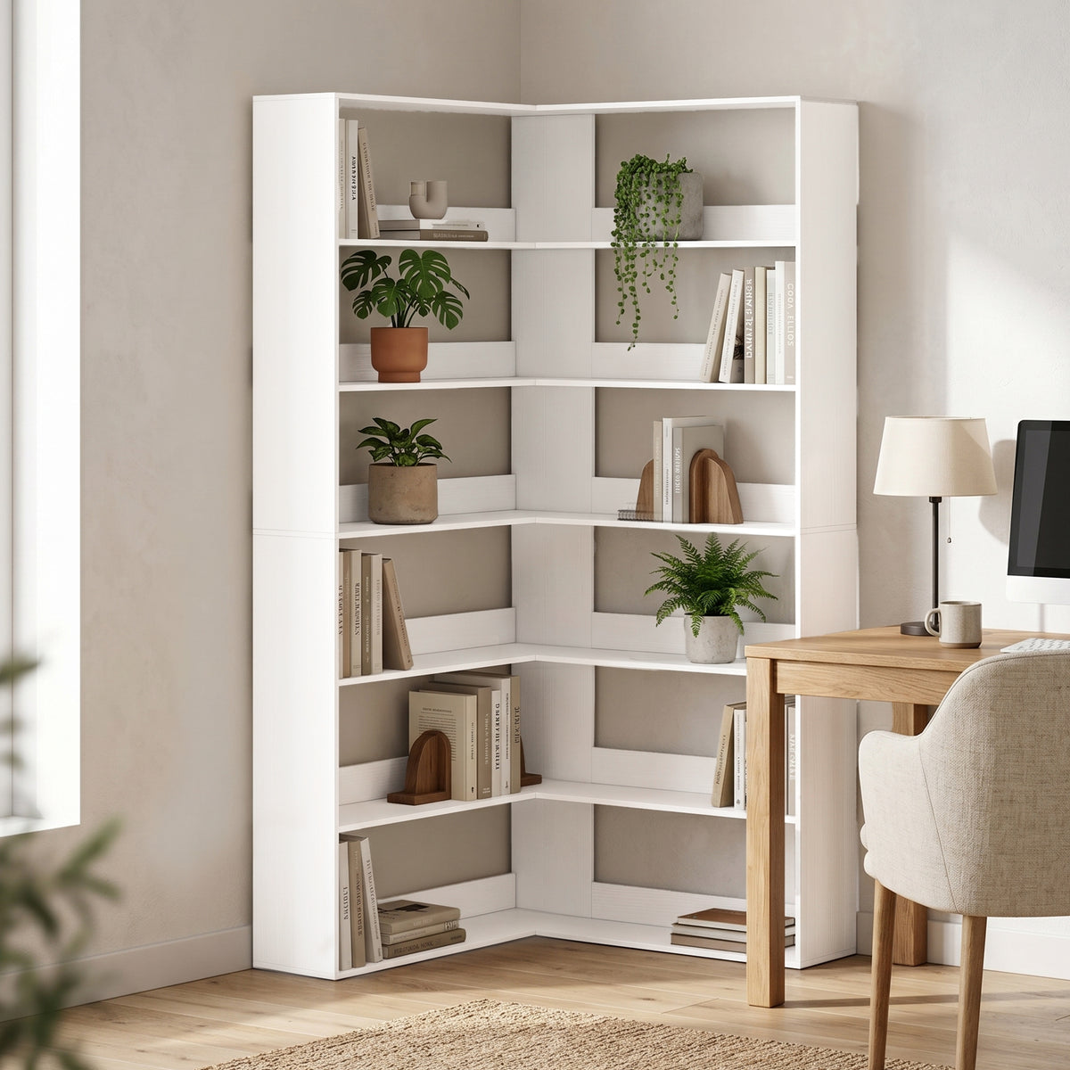 7 Tiers Bookshelf, L-Shaped Corner Bookcase with Anti-Slip Rear Guard, White Wood Effect
