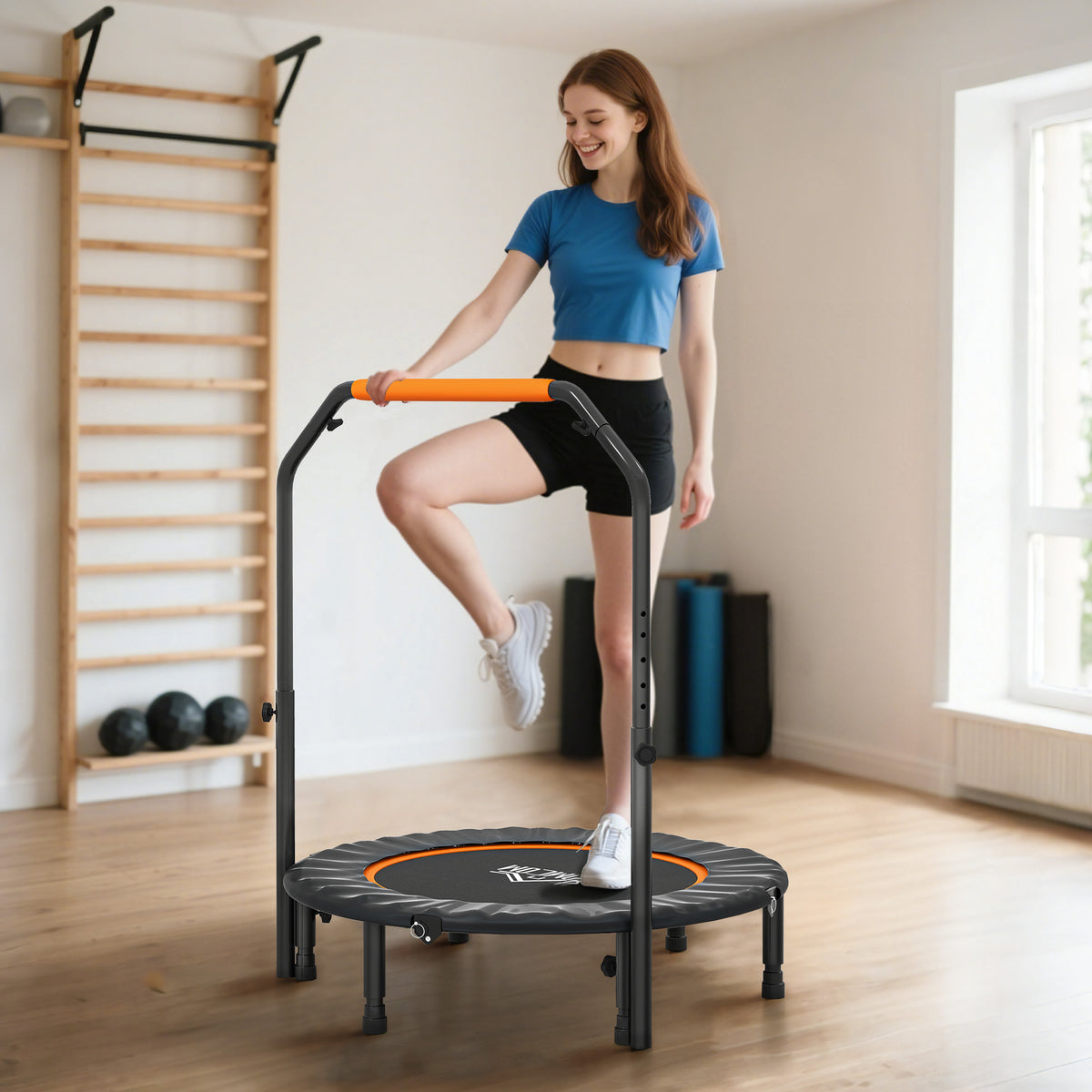 40" Foldable Mini Fitness Trampoline, with Adjustable Foam Handle, Orange