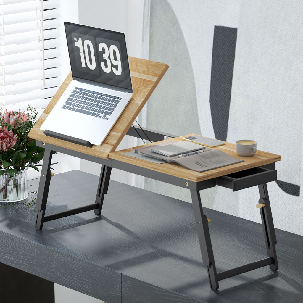 Betttisch, Laptoptisch Höhenverstellbar mit Schublade, Klappbar für Sofa Arbeiten Bett, Eiche