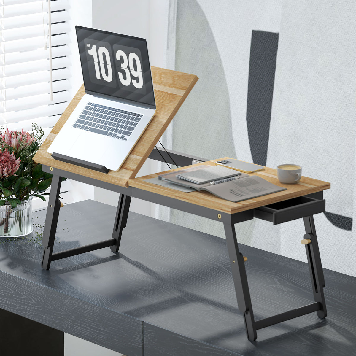 Betttisch, Laptoptisch Höhenverstellbar mit Schublade, Klappbar für Sofa Arbeiten Bett, Eiche