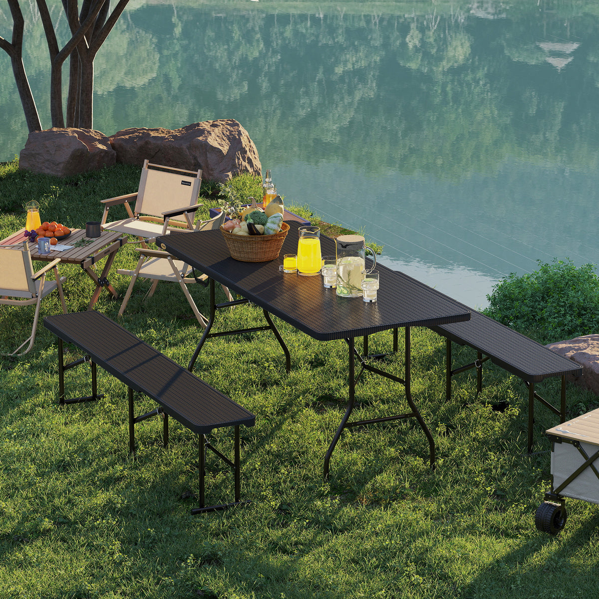 Picknicktisch und Bänke, 3-teiliges Set, faltbar, Kunststoff, Metall, Schwarz