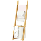 Badregal, 2-in-1 Badezimmerregal mit 3 Stangen, abnehmbarer 48L-Wäschekorb, Bambus, 43 x 35 x 133 cm, Cremeweiß