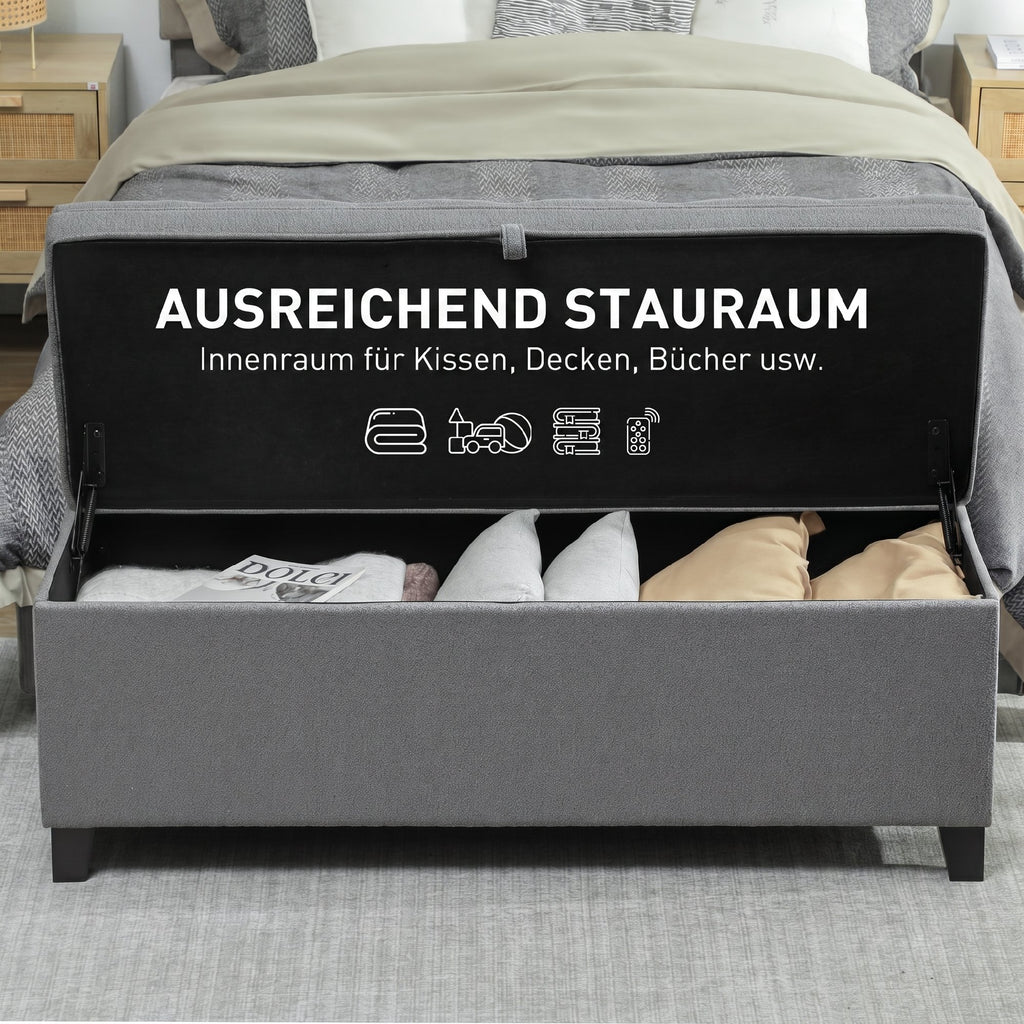 Sitzbank mit Stauraum, Polsterbank 120x40x48 cm mit Sicherheits-Scharniern, Leinenoptik, Dunkelgrau