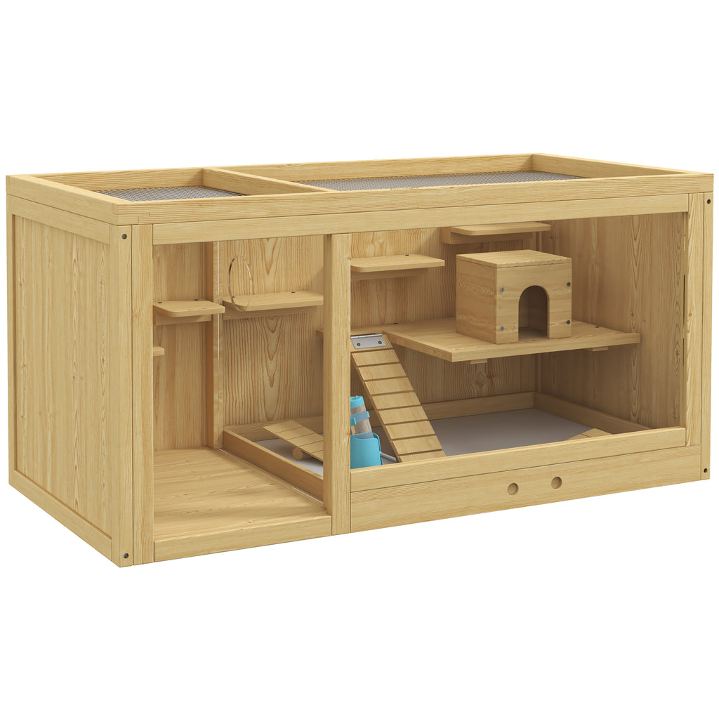 Wooden Hamster Cage with Water Bottle, Platforms, Openable Roof, Sliding Tray, Hut, Seesaws, Natural Wood Finish