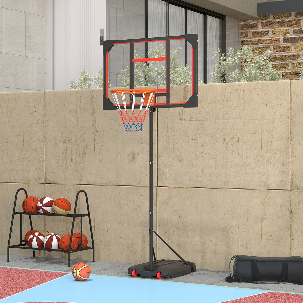 Basketball Hoop Outdoor Indoor, 210-260cm Height Adjustable Basketball Hoop with Wheels, Larger Base, for 6+ Years, Red