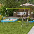 Four-In-One Metal Garden Swing Set, with Two Swings, Climber, Climbing Net - Green