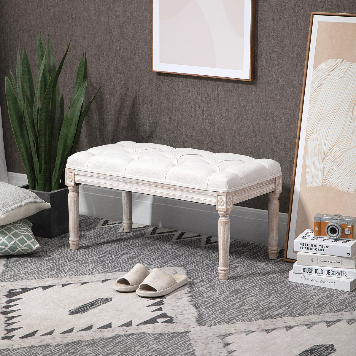 Gepolsterter Sitzhocker, Polsterbank, Fu?hocker, Holz und Stoffbezug in Leinenoptik, 80L x 40B x 43H cm, Cremewei?
