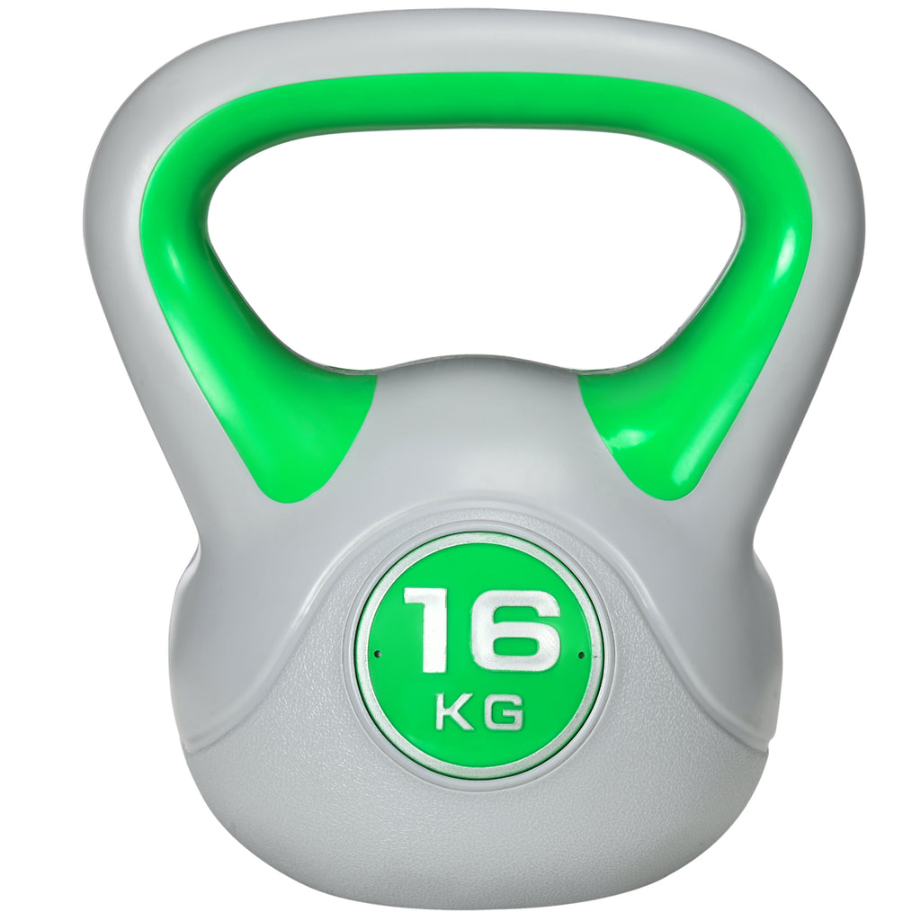 Kugelhantel, Kettlebell, 16 kg, flache Unterseite, großer Griff, Gewichtkugel, Grün, 27 x 17 x 31 cm