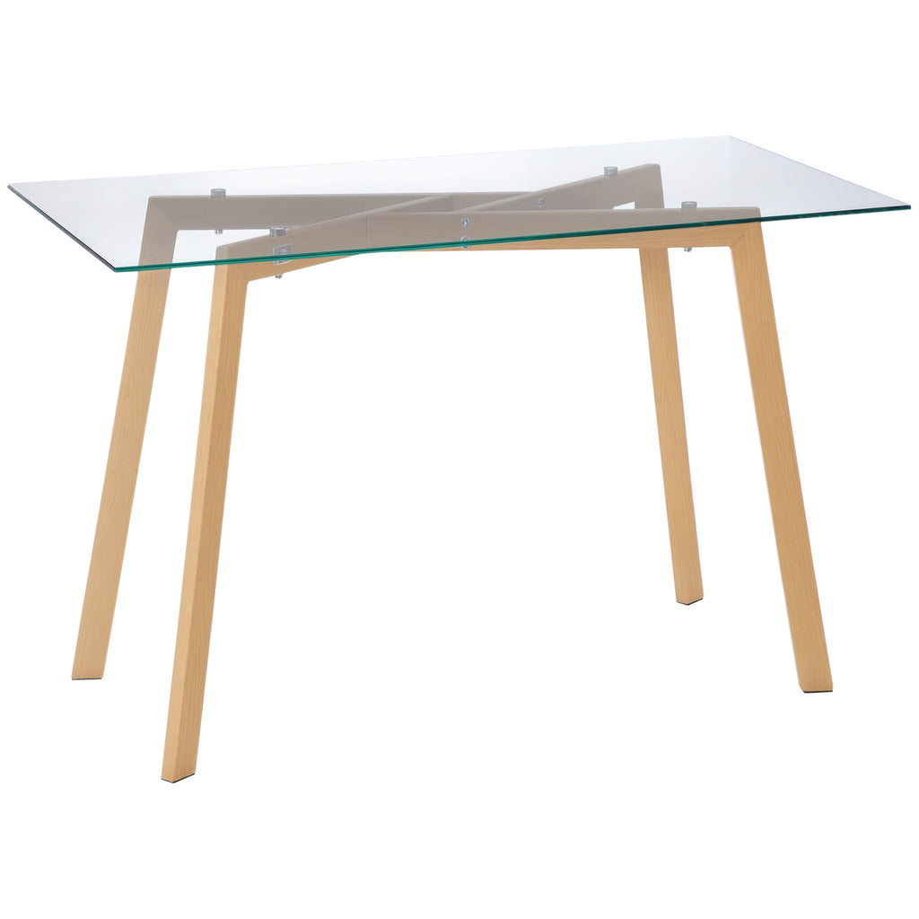 Esstisch für 4 Personen, Glasplatte, Stahlgestell, Holzoptik, 120L x 60B x 76H cm