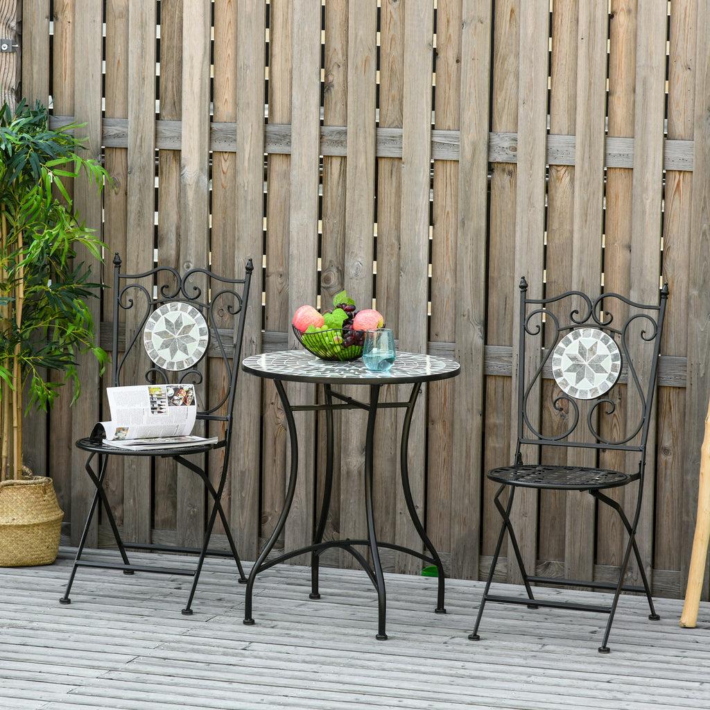Garten Sitzgruppe für 2 Personen Balkonmöbel Set Mosaiktisch+faltbare Stühle Metall Keramikfliese Mehrfarbig