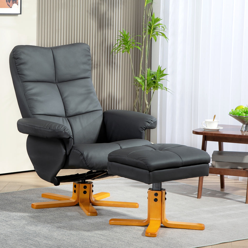 Relaxsessel mit Hocker, 145° neigbare Rückenlehne, 360° drehbar, Kunstleder, Dunkelgrau