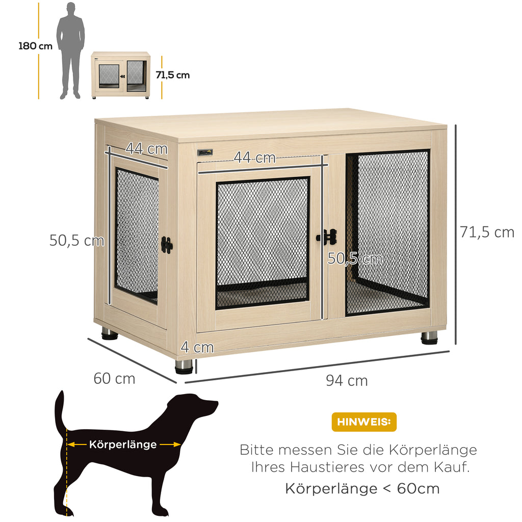 Hundebox Hundekäfig, Modernes Design, verriegelbar, 2 Türen, 94 cm x 60 cm x 71,5 cm, Natur + Schwarz