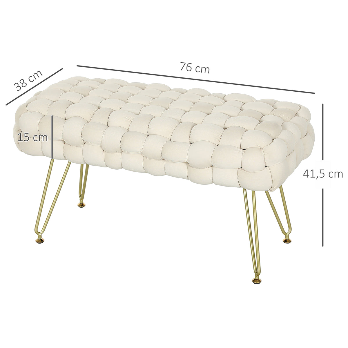 Moderner Sitzhocker mit Metallbeinen, gepolstertem Sitz, für Wohnzimmer, Schlafzimmer, Flur, Cremeweiß