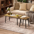 2er-Set Kaffeetische, Gro?er und kleiner Tisch mit Metallrahmen und Holzplatte, Flexible Couchtische, Naturholz