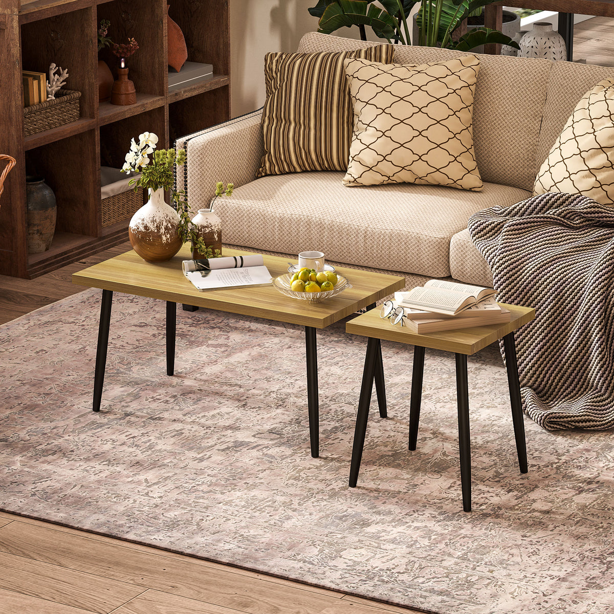 2er-Set Kaffeetische, Gro?er und kleiner Tisch mit Metallrahmen und Holzplatte, Flexible Couchtische, Naturholz