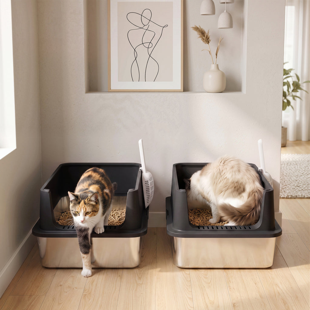 2er-Set Katzenklo Edelstahl XL mit Hohem Rand Deckel 60x40x30cm