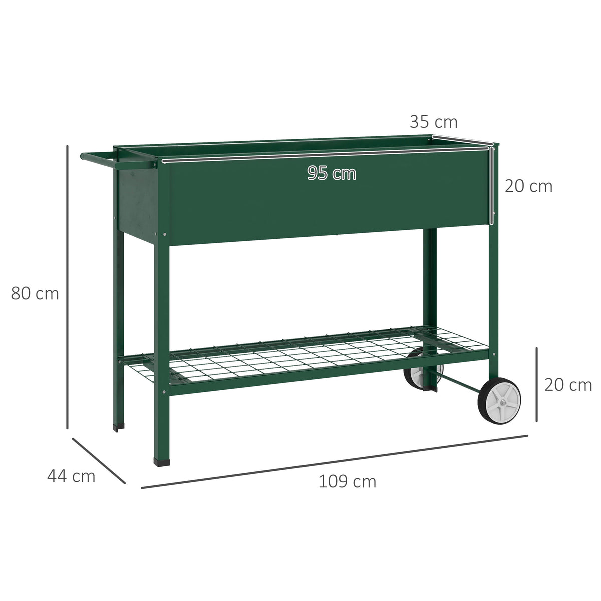 Hochbeet Pflanzbeet Pflanzkasten, 1 Ablage, 2 Rollen, 109 cm x 44 cm x 80 cm, Gr¨¹n