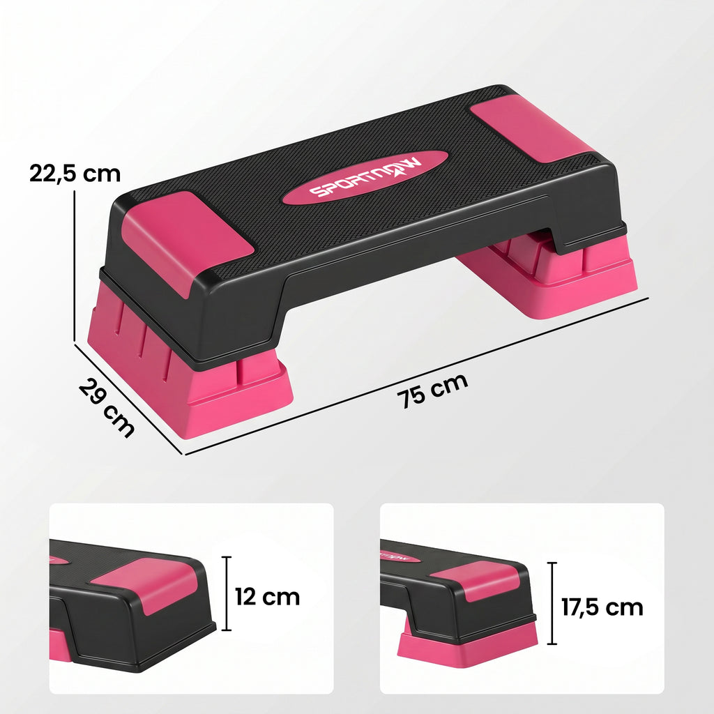 Steppbrett höhenverstellbar Fitness Aerobic Stepper mit 3 Stufen (12/17,5/22,5 cm), Anti-Rutsch-Matte Schwarz+Rosa