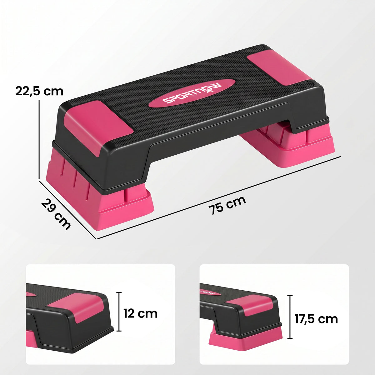 Steppbrett höhenverstellbar Fitness Aerobic Stepper mit 3 Stufen (12/17,5/22,5 cm), Anti-Rutsch-Matte Schwarz+Rosa