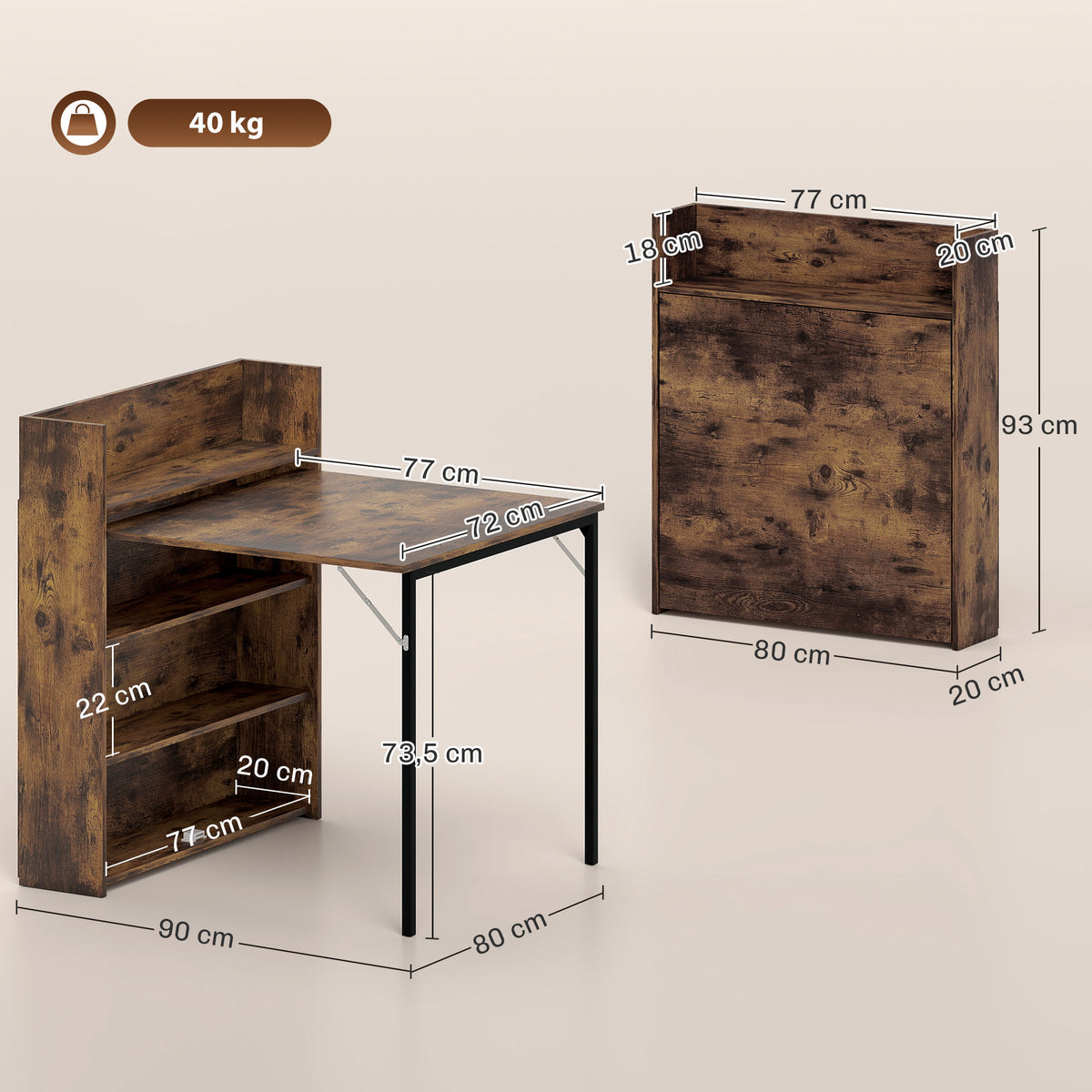 Esstisch Klappbar mit Regal, Industrie-Design, Platzsparend, Für Kleine Räume, 80x90x93cm, Rustikal-Braun