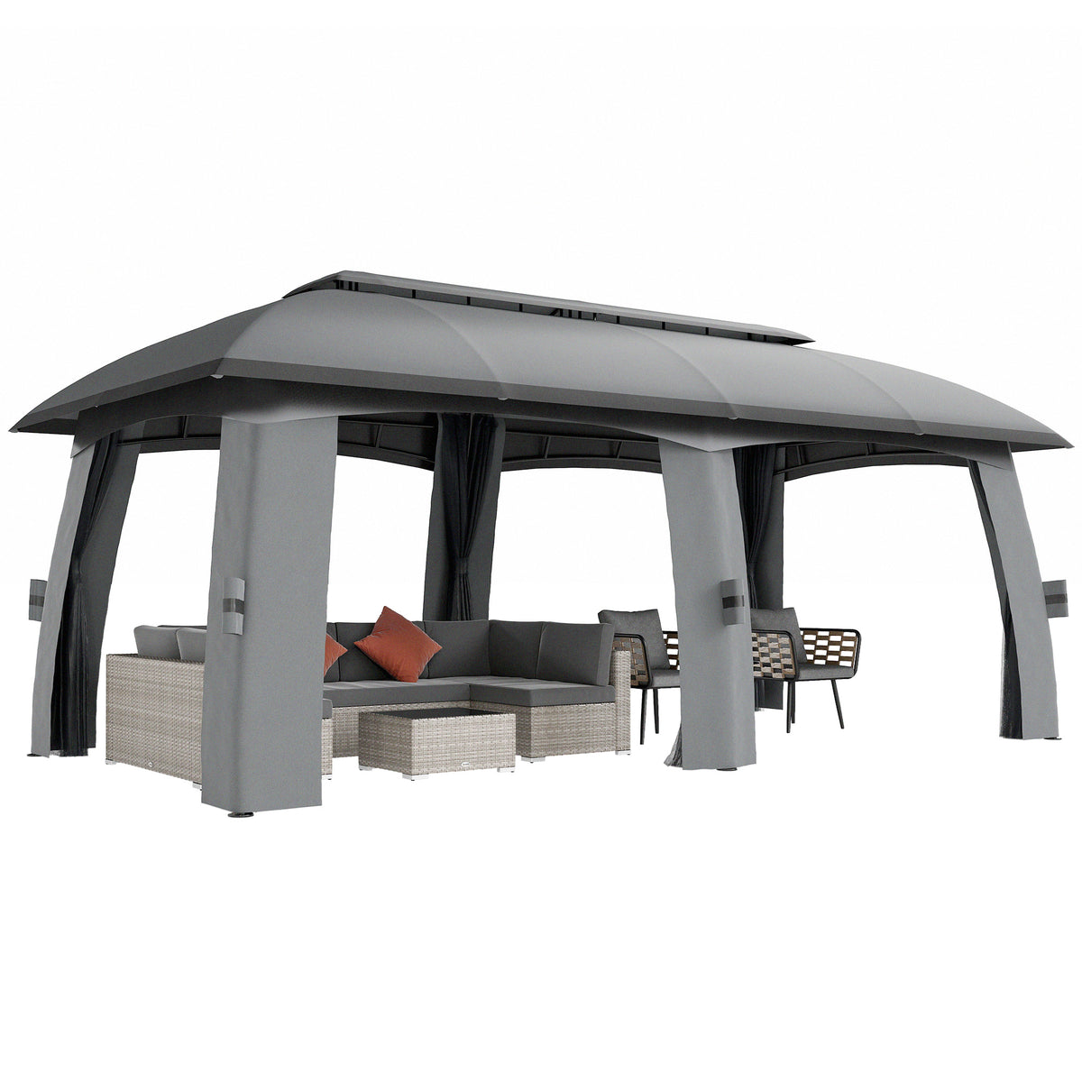 Pavillon, Partyzelt, mit Fliegennetzen, Winddach, bis 15 Personen, dunkelgrau, 3 x 6 x 3 m