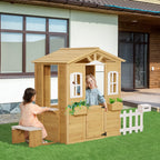 Kinderspielhaus aus Holz Spielhaus Outdoor mit T¨¹r, Fenster und Pflanzkasten Briefkasten Bank f¨¹r Kinder 3-6 Jahre