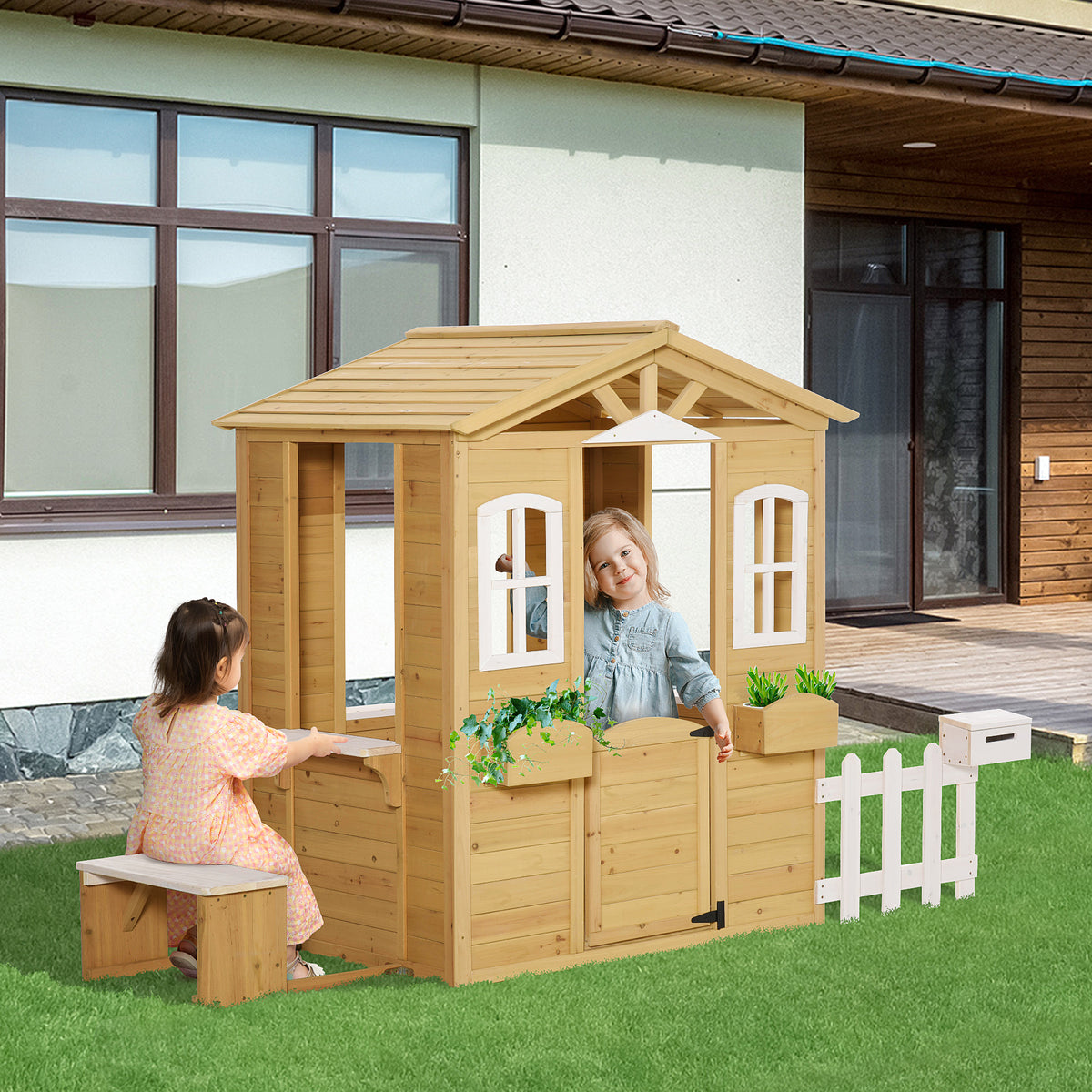 Kinderspielhaus aus Holz Spielhaus Outdoor mit T¨¹r, Fenster und Pflanzkasten Briefkasten Bank f¨¹r Kinder 3-6 Jahre
