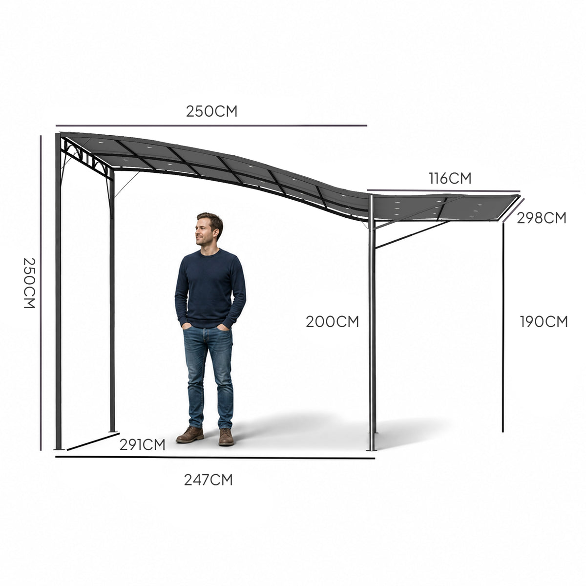 Pavillon mit klappbarer Dacherweiterung wetterfest 3 x 2,5 m Dunkelgrau