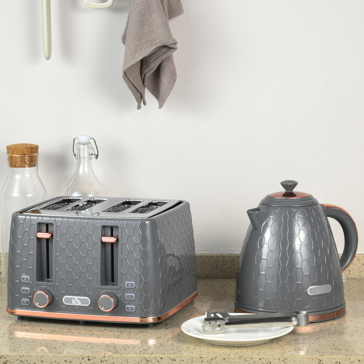 2-in-1 K¨¹chenset, Toaster und Wasserkocher, mehrere Optionen, 1,7 L, 4 Toastscheiben gleichzeitig, Kunststoff, Grau