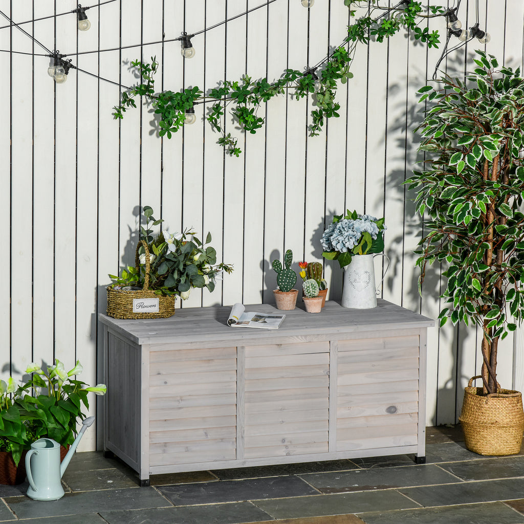 Gartenbox, wetterbeständig, luftdurchlässig, Kissenbox, Aufbewahrungsbox, Fichtenholz, grau, 127 x 56 x 60 cm