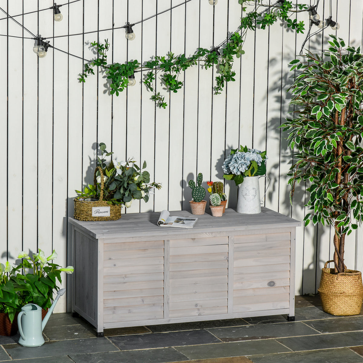 Gartenbox, wetterbeständig, luftdurchlässig, Kissenbox, Aufbewahrungsbox, Fichtenholz, grau, 127 x 56 x 60 cm