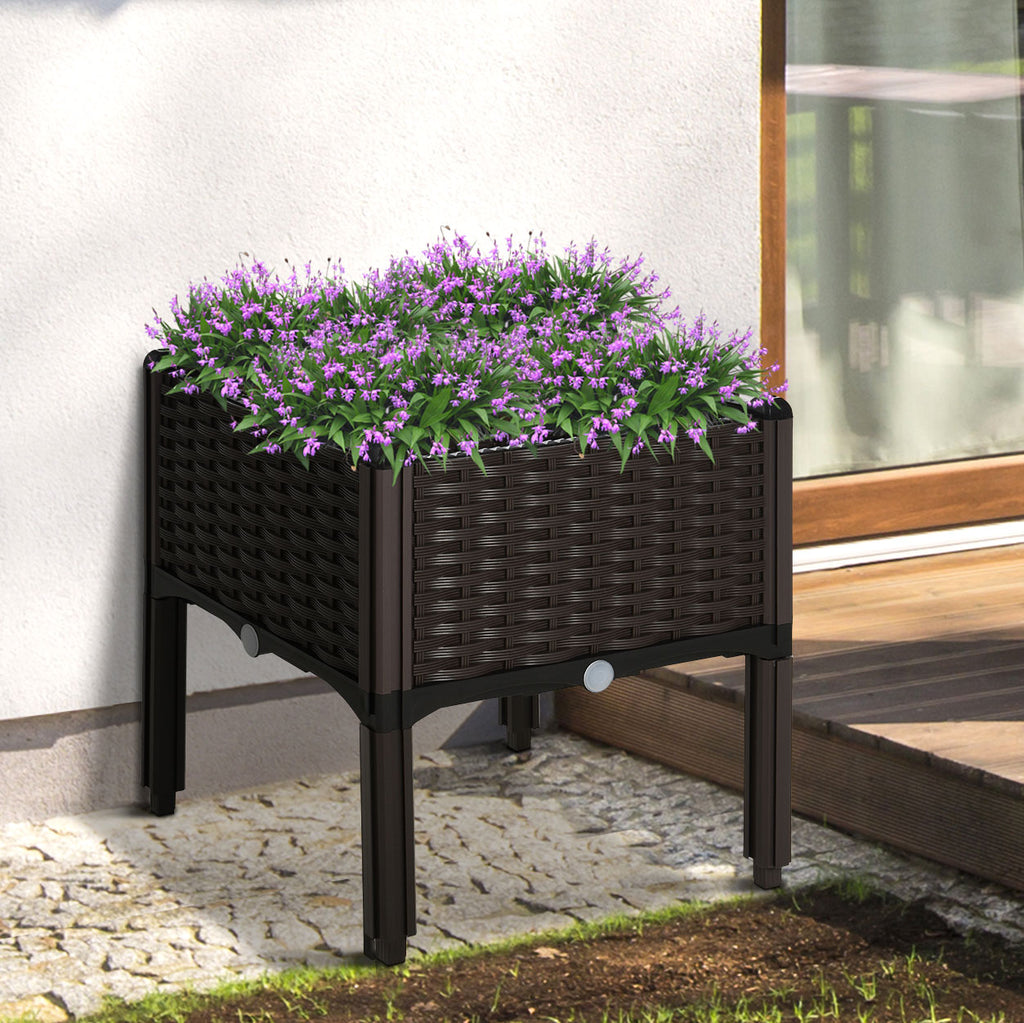 Hochbeet, Pflanzkasten mit Abflusslöchern, Blumenkasten im Rattan-Look, Kunststoff, Braun, 40 x 40 x 44 cm