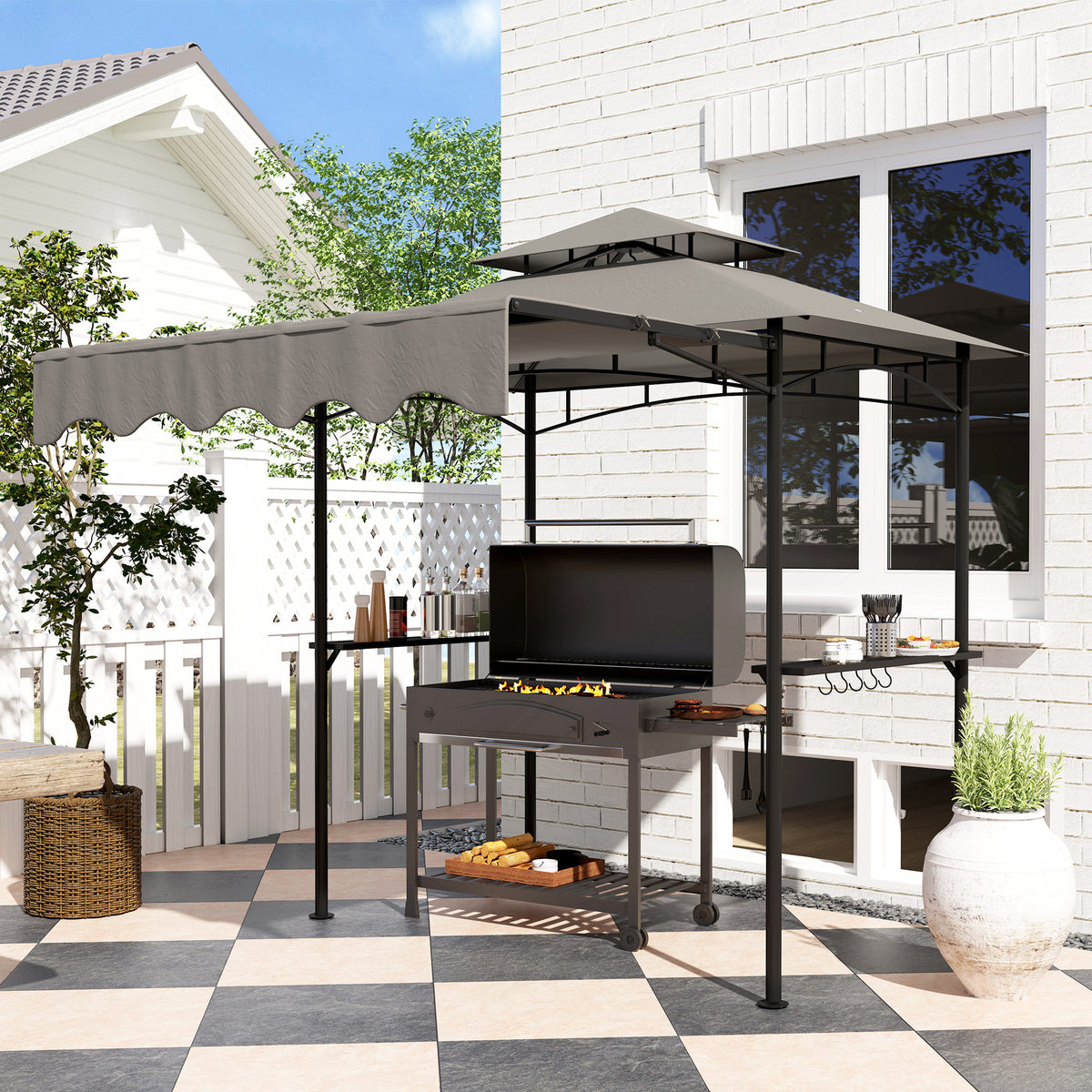 Grillpavillon 242x232x248 cm wasserabweisend flammhemmend Gartenpavillon mit Doppelschichtdach Grau