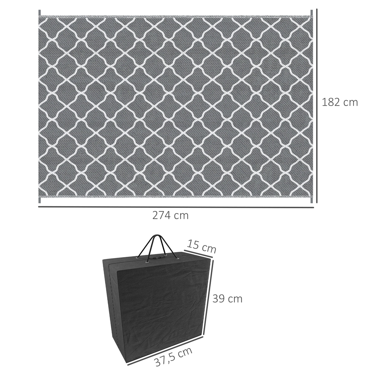 Outdoor Teppich robuster Wetterfest Outdoorteppich Carpet mit Netzmuster 182 x 274 cm Grau