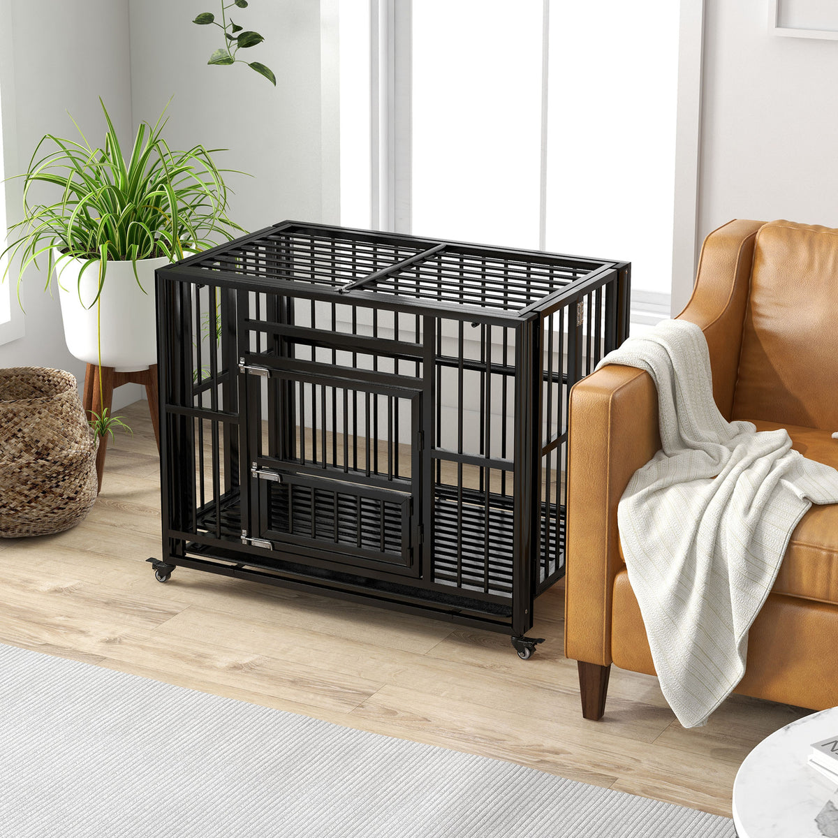  37" Heavy Duty Dog Crate, Foldable Dog Cage, with Openable Top, Locks, Removable Tray, Wheels - Black