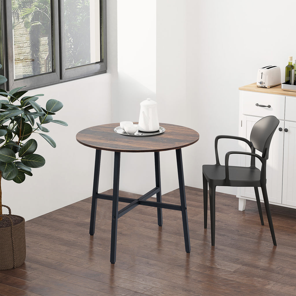 85cm Dining Room Table, Industrial Style Kitchen Table Round with Steel Legs, Rustic Brown