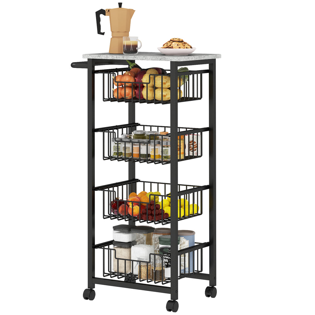 Four Basket Mobile Kitchen Island, with Brakes - Grey/Black