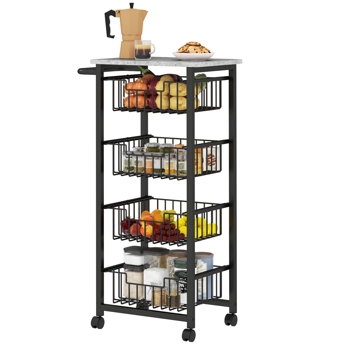 Four Basket Mobile Kitchen Island, with Brakes - Grey/Black
