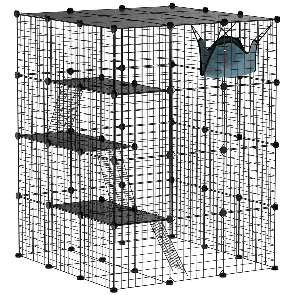 Steel Wire Cat Cage Indoor with Hammock, Ramps, Doors, DIY Cat Enclosure for 1-3 Cats, Black