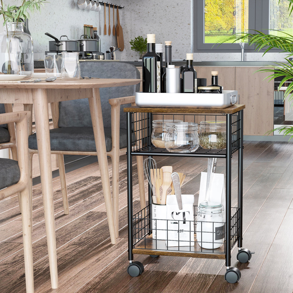 K¨¹chenwagen im Industriedesign 1 Regal 1 Aufbewahrungskorb 4 R?der 40 cm x 30 cm x 62 cm Stahl Schwarz + Braun