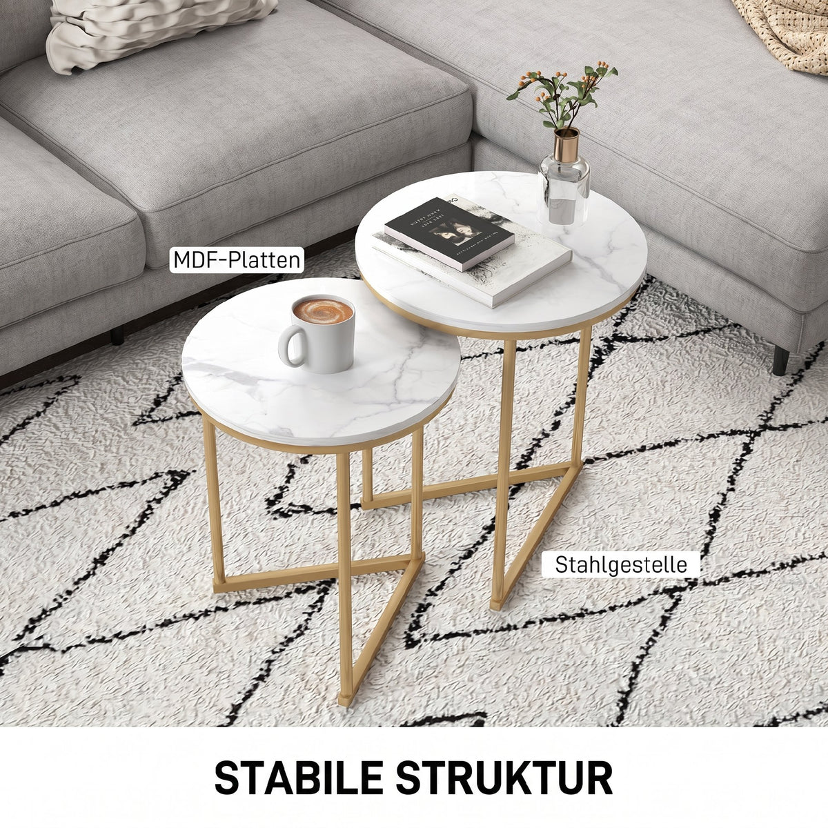 Set of Two Marble-Effect Nest of Tables - White/Gold-Tone