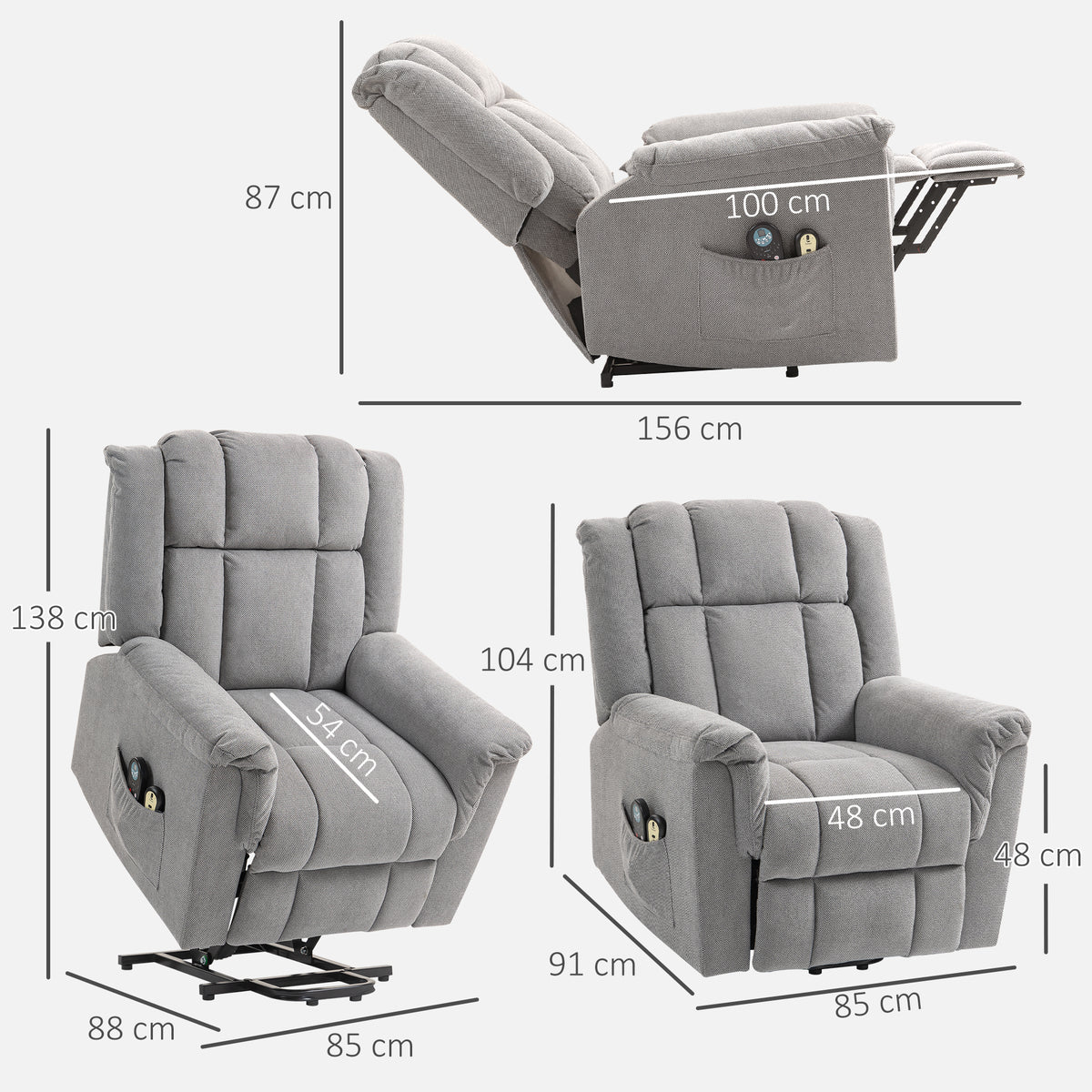Powerlift-Sessel, Massagesessel mit Wärmefunktion, Polstersessel mit Fußstütze, Seitentasche, Stoffbezug, Dunkelgrau