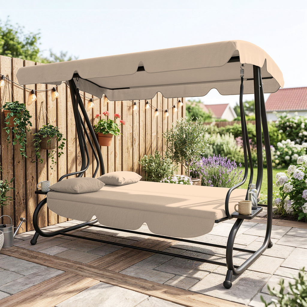 Three-Person garden Swing Chair, with Adjustable Canopy - Light Brown