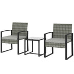 Rattan Bistroset, 3 teiliges Gartenmöbel-Set mit 2 Gartenstühlen, Couchtisch, abnehmbar Kissen Hellgrau