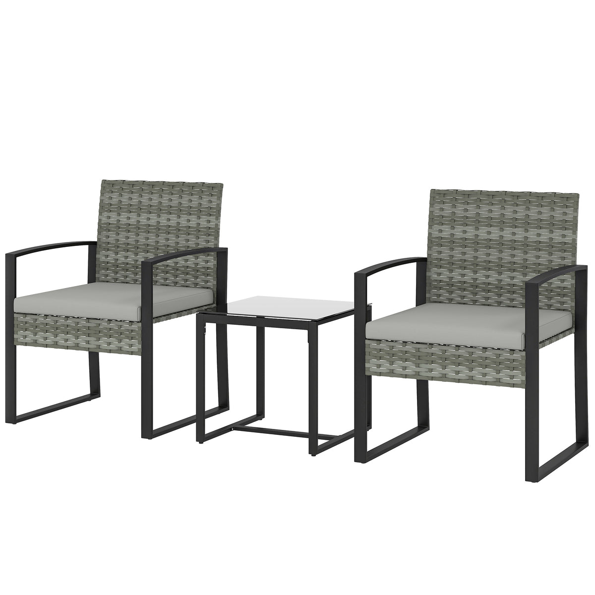 Rattan Bistroset, 3 teiliges Gartenmöbel-Set mit 2 Gartenstühlen, Couchtisch, abnehmbar Kissen Hellgrau