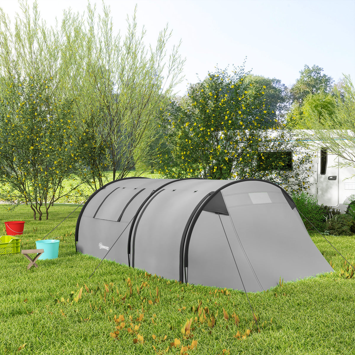 Four Man Duo Room Tunnel Tent, with Accessories - Grey