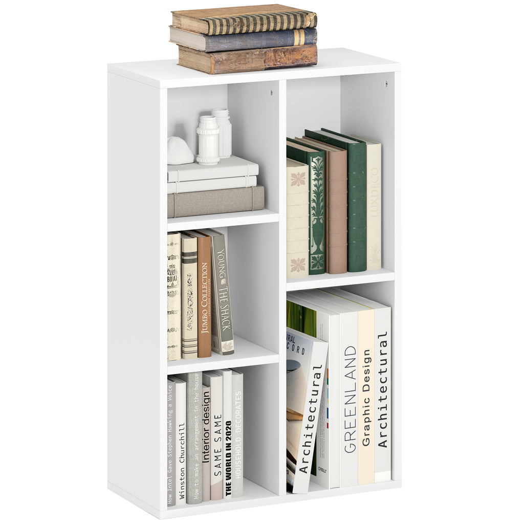 2-Ebenen-Bücherregal, 5 Fächer, Spanplatte, Aufbewahrungsregal, Weiß