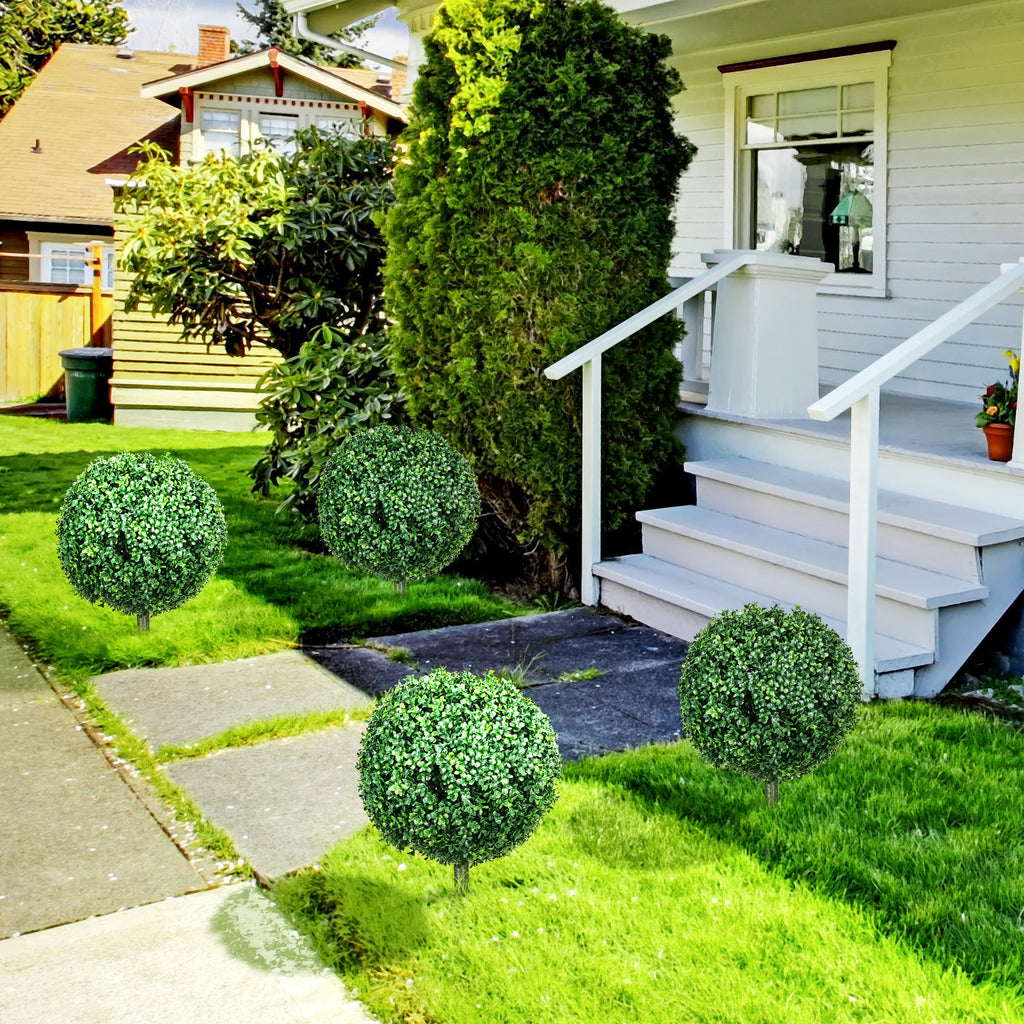 Artificial Boxwood Trees w/ Ground Stake, Set of 2 Ball Shaped Topiary Trees for Home Office & Living Room, UV Resistant